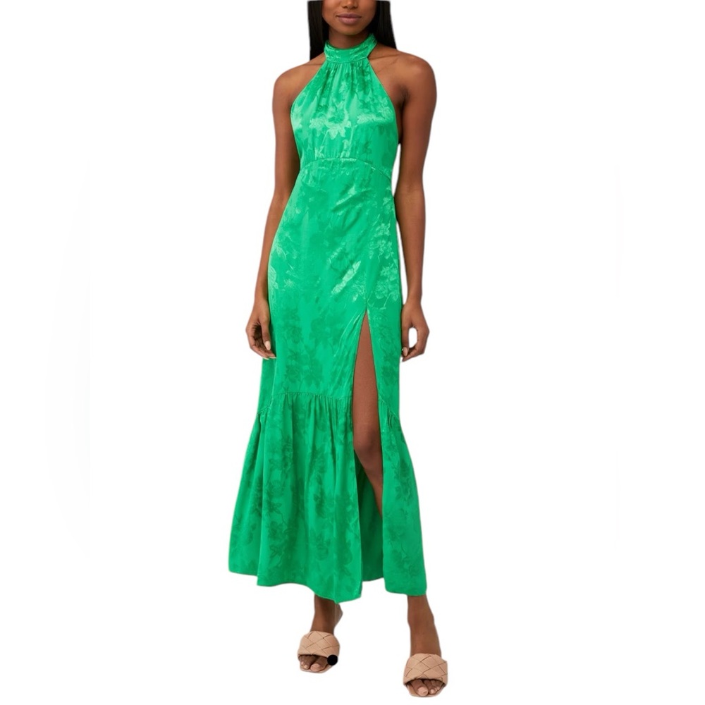 Saylor Audie Halter Neck High Leg Split Maxi Dress Green XS